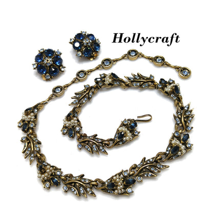 Vintage Hollycraft 1956 Blue Rhinestone Pearl Necklace Earrings Set Gold Tone