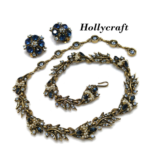 Vintage Hollycraft 1956 Blue Rhinestone Pearl Necklace Earrings Set Gold Tone