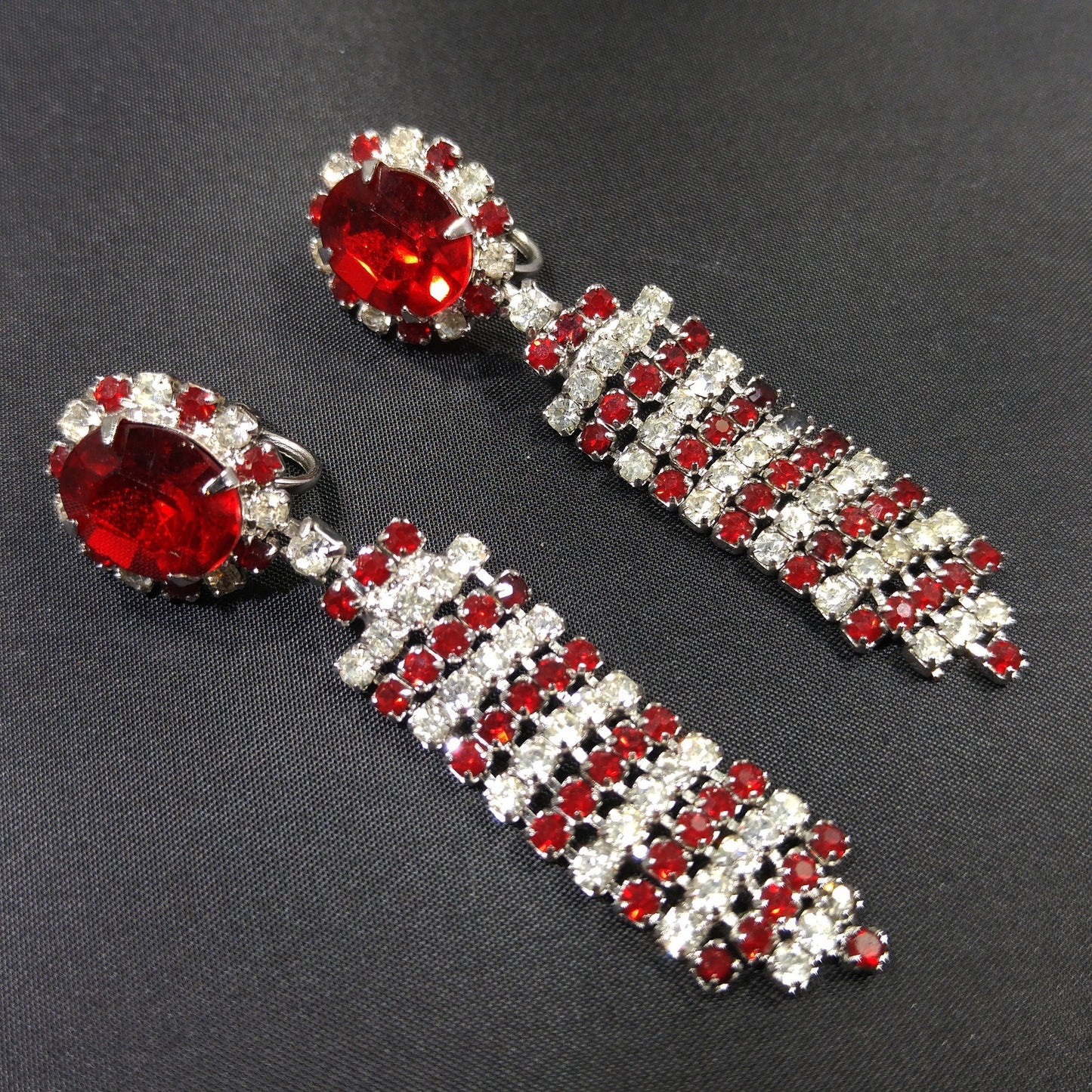 Red & Clear Long Rhinestone Earrings, Dangle , 1960s Vintage Jewelry