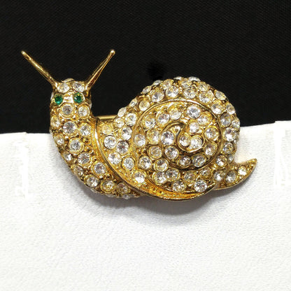 Bijoux Cascio Snail Small Brooch, Pave Clear Rhinestones, Green Eyes, 1970s Vintage Jewelry