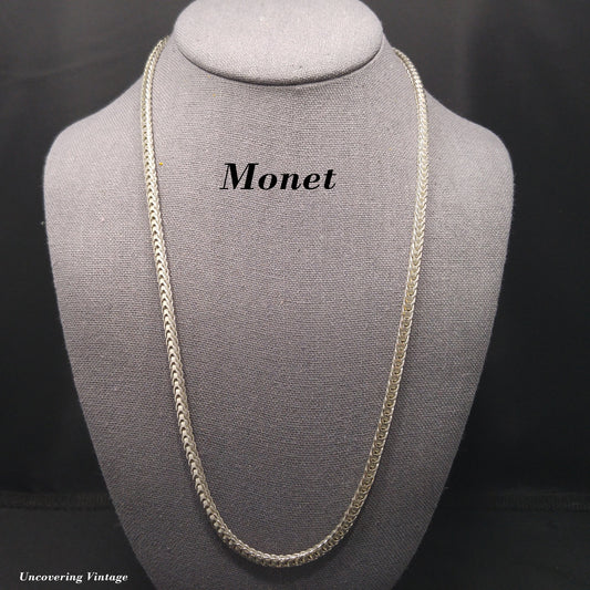 Monet Wheat Chain Necklace, Rhodium Plated, 24 Inches, 1980s Vintage Jewelry