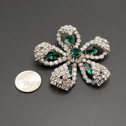 Kramer Floral Brooch, Emerald Green Rhinestones, Rhodium Plated 1960s Vintage Jewelry