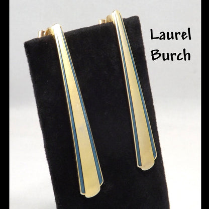 Laurel Burch Blue Enamel Long Post Earrings, Gold Plated, 1980s Vintage Jewelry
