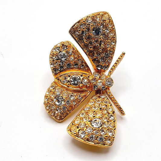 Vintage Joan Rivers Trembler Butterfly Brooch – Gold Plated Rhinestone Moth Pin – Designer Signed