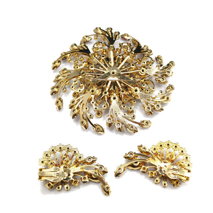 Mid-century Large Purple Rhinestone Brooch & Earrings, Floral Design, 1950s Vintage Jewelry