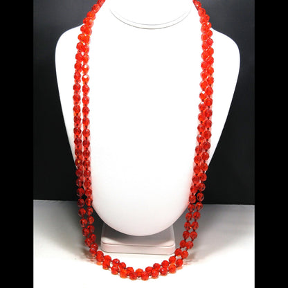 Vintage Red Crystal Hand Knotted Long Necklace, 62 Inches, No Clasp, 1960s Vintage Jewelry