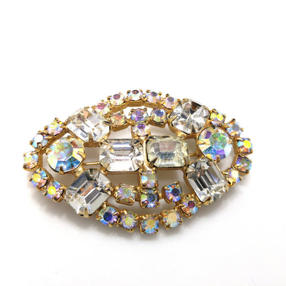 Clear Aurora Borealis Brooch, Gold Plated, 1960s Vintage Jewelry