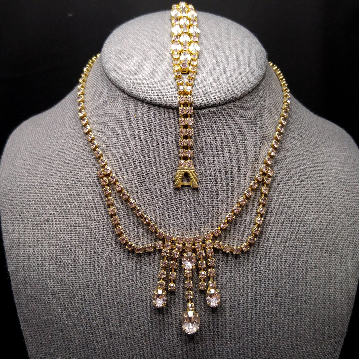 Vintage Lavender Rhinestone Festoon Necklace Bracelet Set, Gold Plated, 1950s Vintage Jewelry