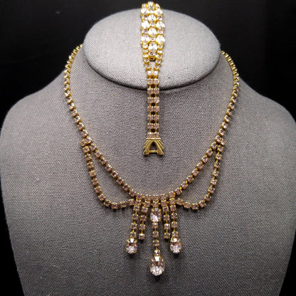 Vintage Lavender Rhinestone Festoon Necklace Bracelet Set, Gold Plated, 1950s Vintage Jewelry