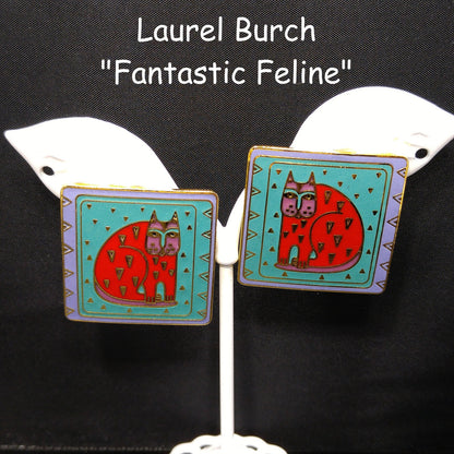 Laurel Burch "Fantastic Feline" Large Cat Post Earrings, Gold Plated, 1980s Vintage Jewelry