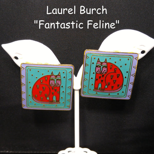 Laurel Burch "Fantastic Feline" Large Cat Post Earrings, Gold Plated, 1980s Vintage Jewelry