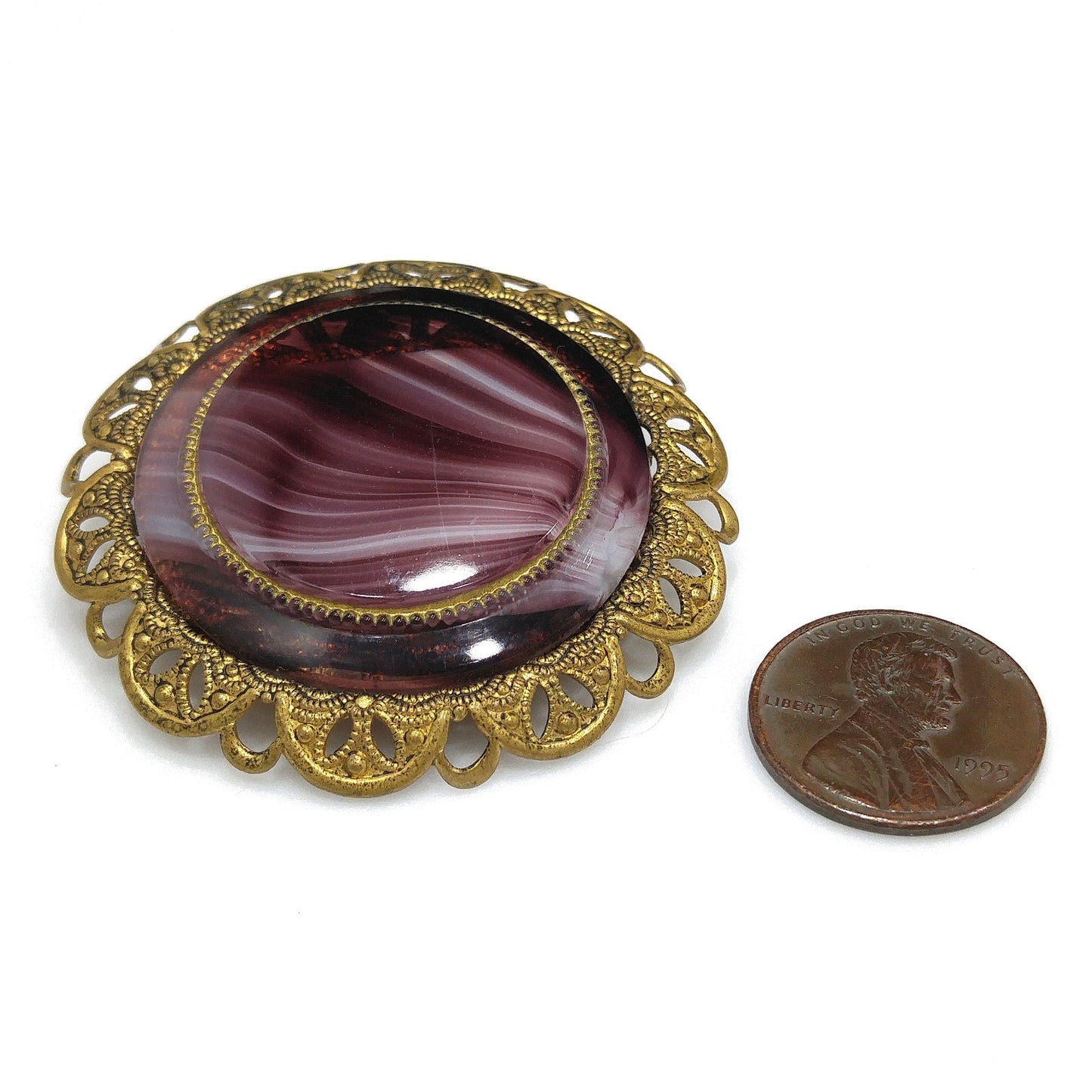 Western Germany Purple Art Glass Brooch, Filigree Frame, 1950s Vintage Jewelry