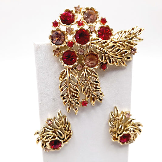 Vintage 1950s Pink Red Rhinestone Brooch Earrings Set, Gold Tone Floral Jewelry, Mid-Century Designer Statement Jewelry