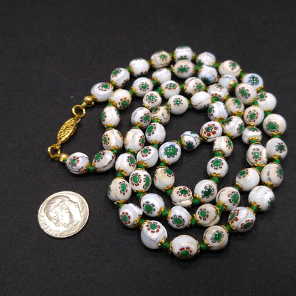 Vintage 1960s Hand Painted Floral Beaded Necklace – Green & Red Flowers – 28 In