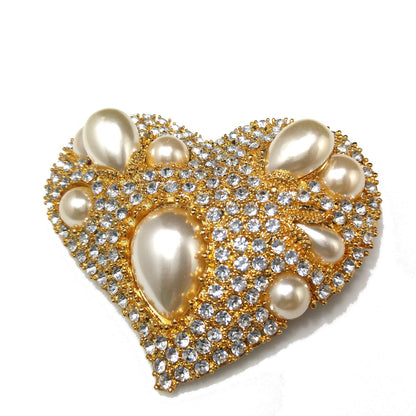 Scaasi Heart Faux Pearl Brooch Pendant, Designer Runway Jewelry, 1980s Vintage Jewelry