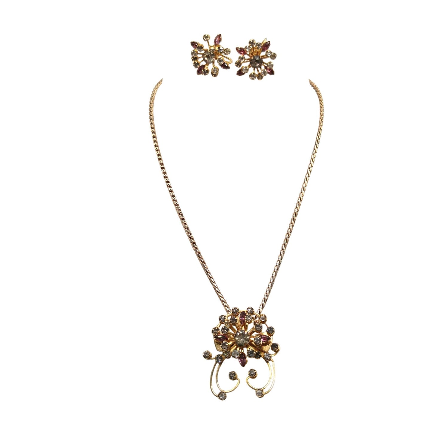Floral Purple Rhinestone Pendant Brooch Necklace Earrings Set, Gray Clear Rhinestones, 1940s Vintage Jewelry