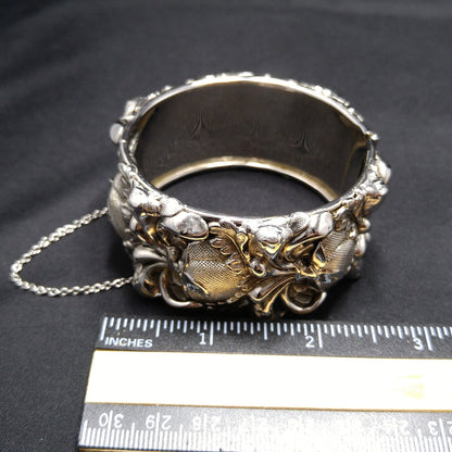 Whiting & Davis Antiqued Floral Wide Bracelet, Book Piece, 1970s Vintage Jewelry