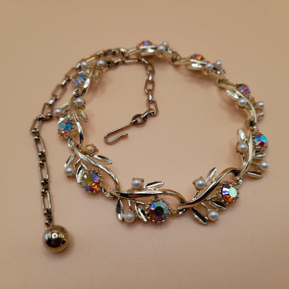 Vintage Light Topaz Rhinestone Choker Necklace, Faux Pearls, 1950s, 15 In