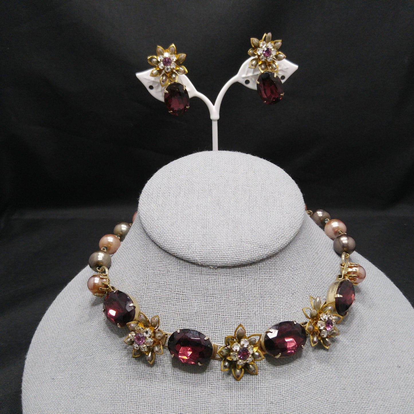 Purple Rhinestone Floral Necklace Earrings, Faux Pearls, 1950s Vintage Jewelry