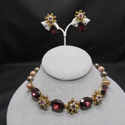 Purple Rhinestone Floral Necklace Earrings, Faux Pearls, 1950s Vintage Jewelry