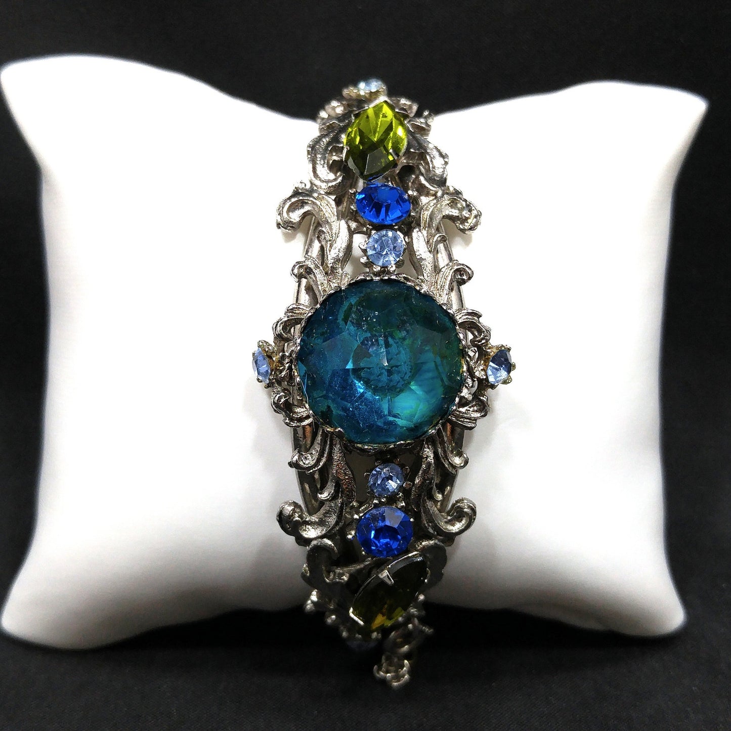 Teal Rivoli Rhinestone Hinged Bracelet, Safety Chain, Rhodium Plated, 1960s Vintage Jewelry