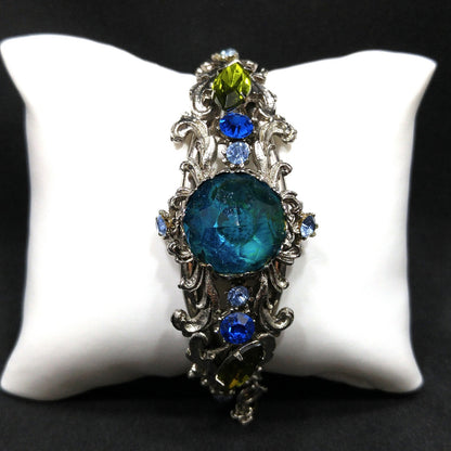 Teal Rivoli Rhinestone Hinged Bracelet, Safety Chain, Rhodium Plated, 1960s Vintage Jewelry