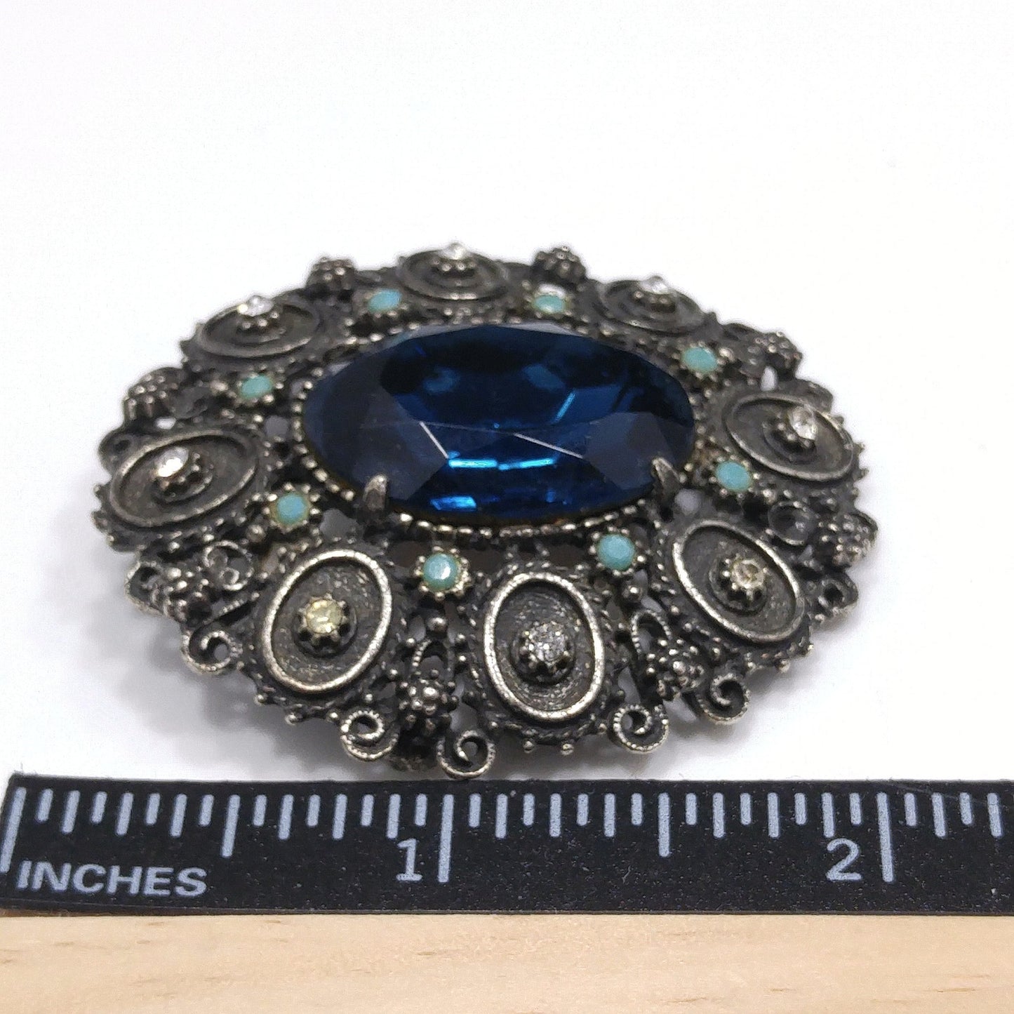 Florenza Blue Faceted Glass Brooch & Pendant, Antique Silver Tone, Gold Plated, 1950s Vintage Jewelry
