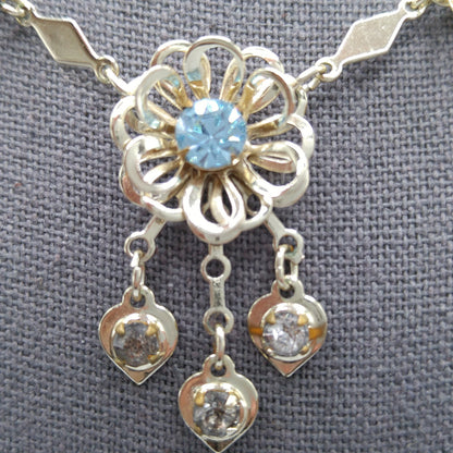 Mid-Century Floral Necklace, Light Blue Rhinestones, Gold Plated, 1950s Vintage Jewelry