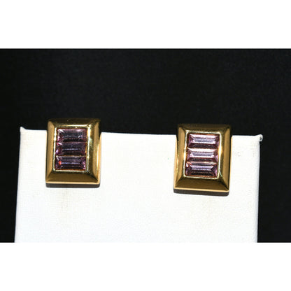 S.A.L. Swarovski Purple Crystal Small Clip Earrings, Gold Plated, Austrian Crystal, 1970s Vintage Jewelry