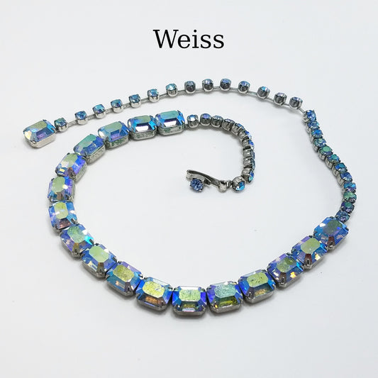 Weiss Iridescent Blue Aurora Borealis Rhinestone Choker Necklace – 1950s Vintage Jewelry