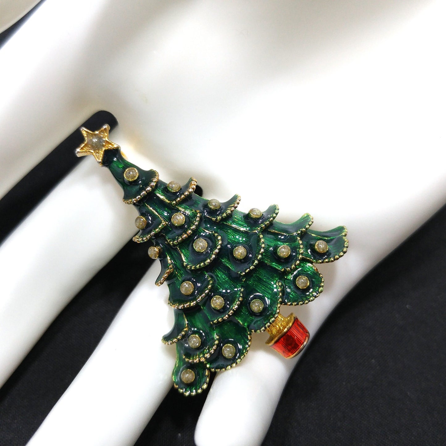 Eisenberg Ice Christmas Tree Brooch Green Enamel Red Trunk Vintage 1970s