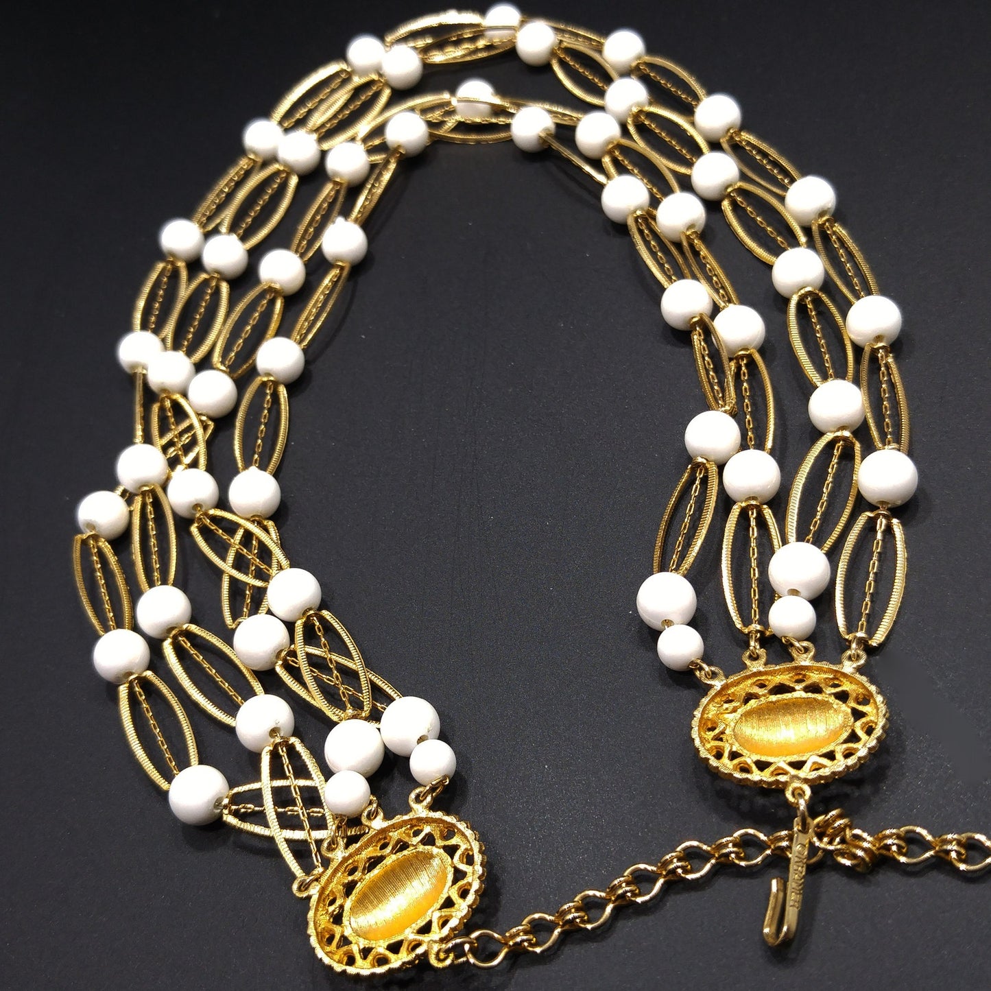 Kramer White Lucite 4 Strand Necklace, Gold tone, 1950s Vintage Jewelry