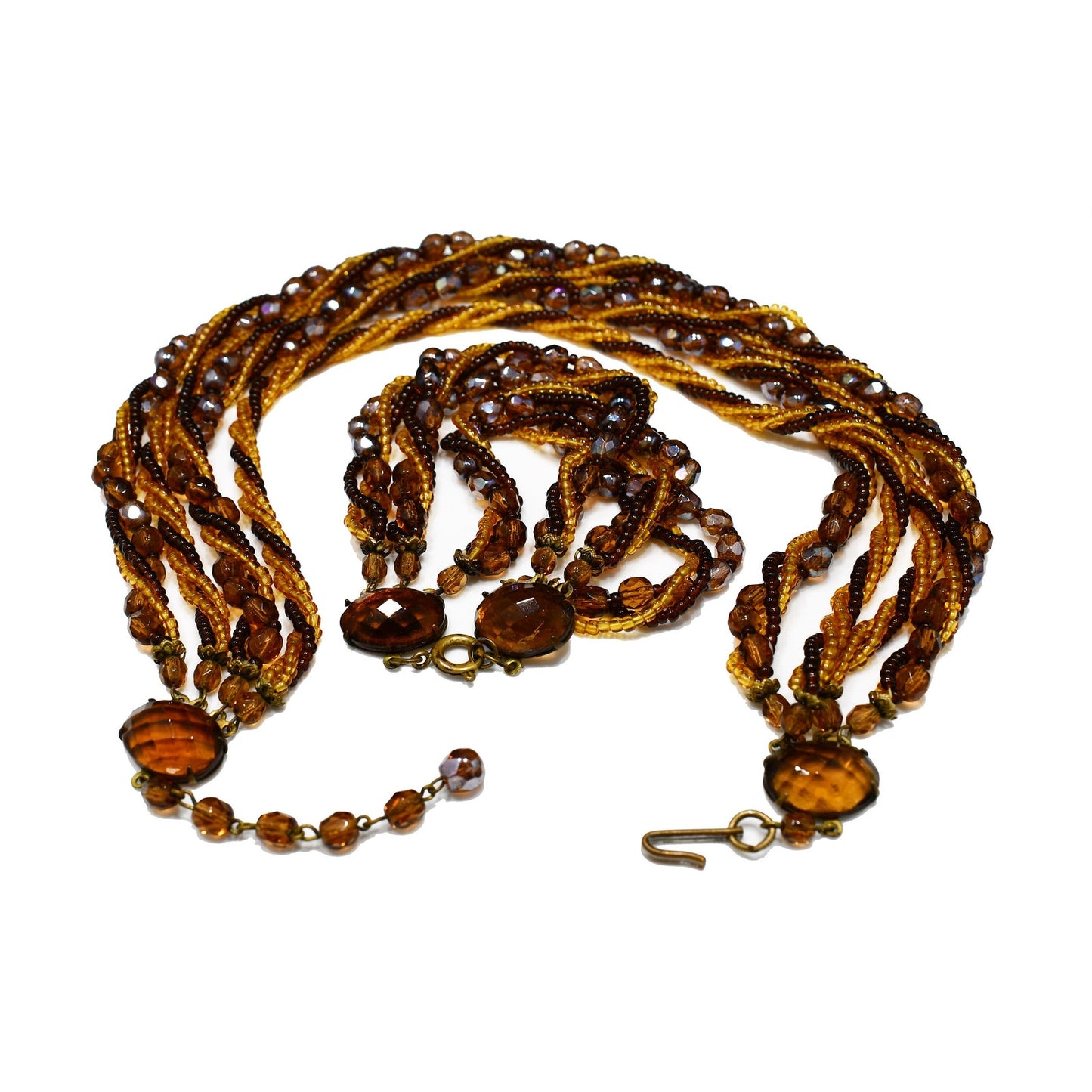 Vintage Czech Beaded Necklace & Bracelet Set, Topaz Fire Polished Beads, 1950s