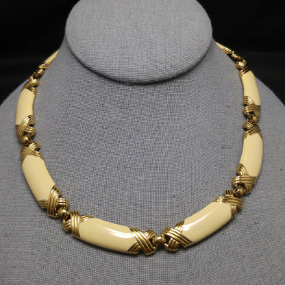 Monet Cream Enamel Link Necklace, Gold Plated, 1980s Vintage Jewelry