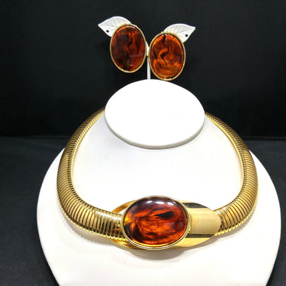 Topaz Lucite Omega Necklace Post Earrings, Faux Tortoise, 1980s Vintage Jewelry