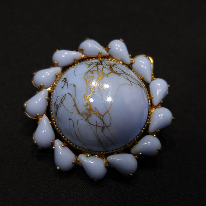 Weiss Light Blue & Gold Marbled Art Glass Earrings, Gold Plated, 1950s Vintage