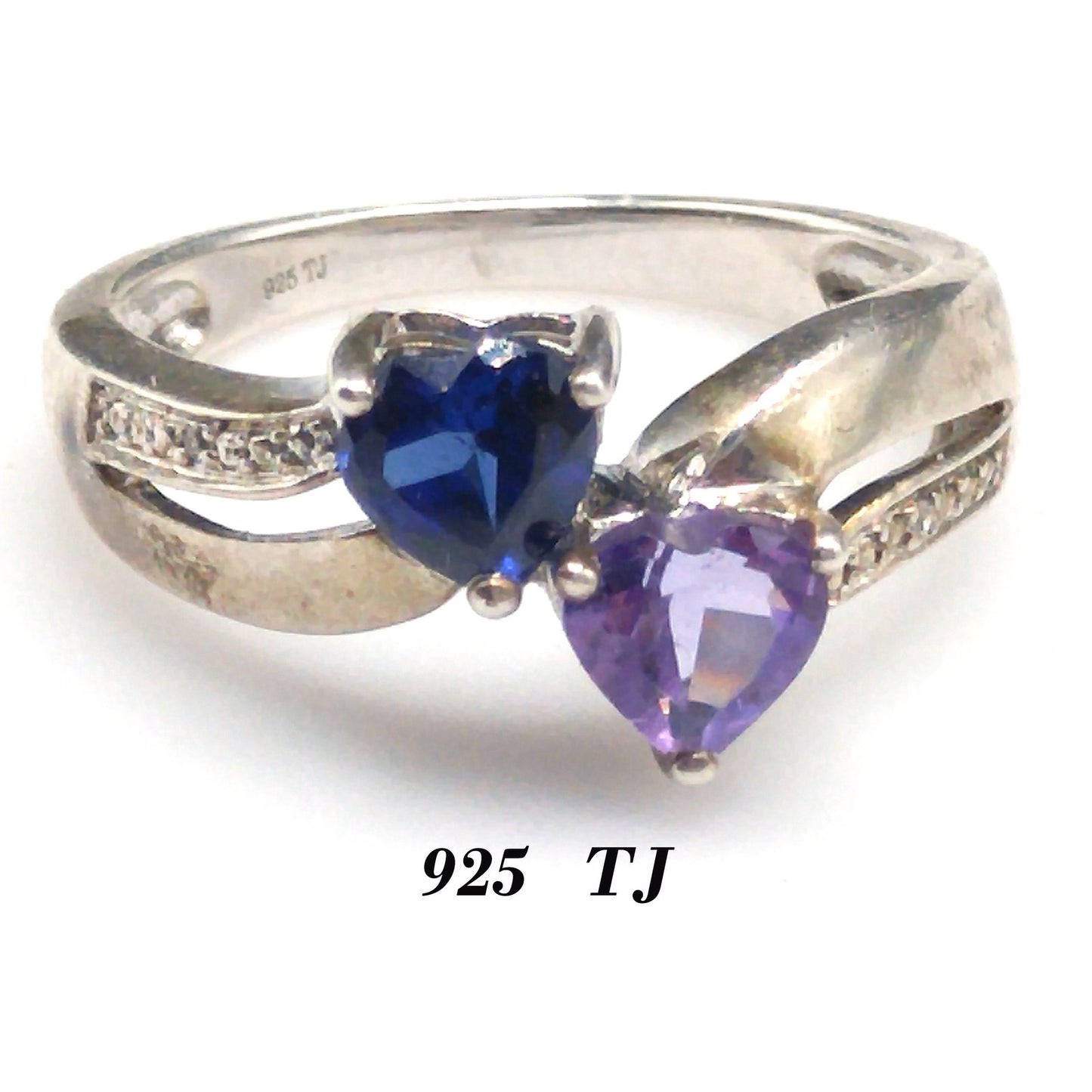 Sterling Silver Heart Ring with Blue Topaz & Amethyst, Size 5.5, 1980s–1990s