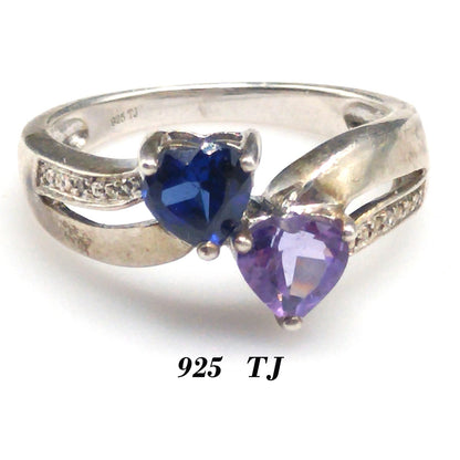 Sterling Silver Heart Ring with Blue Topaz & Amethyst, Size 5.5, 1980s–1990s