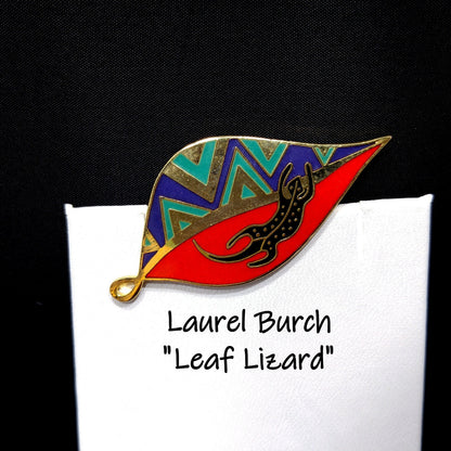 Laurel Burch "Leaf Lizard" Brooch & Pendant, Cloisonné Gold Plated, Enamel, 1980s Vintage Jewelry