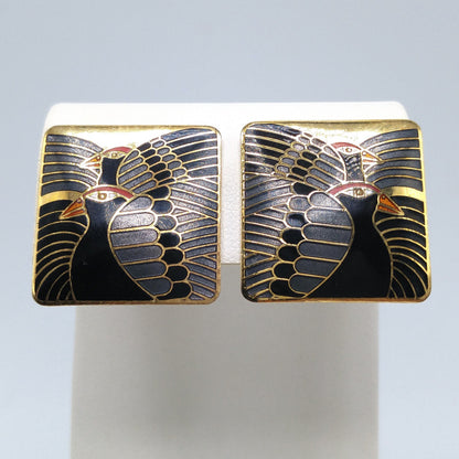 Vintage Laurel Burch "Moondoves" Clip Earrings, Black Birds, Gold Plated