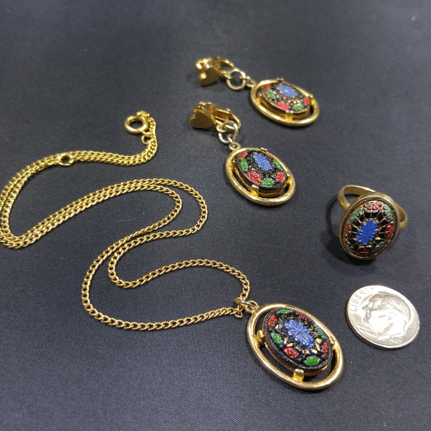 Sarah Coventry Light of the East Jewelry Set, Necklace Earrings Ring, 1970s