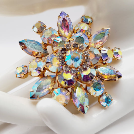 Vintage 1960s Aurora Borealis Rhinestone Snowflake Floral Gold Plated Brooch