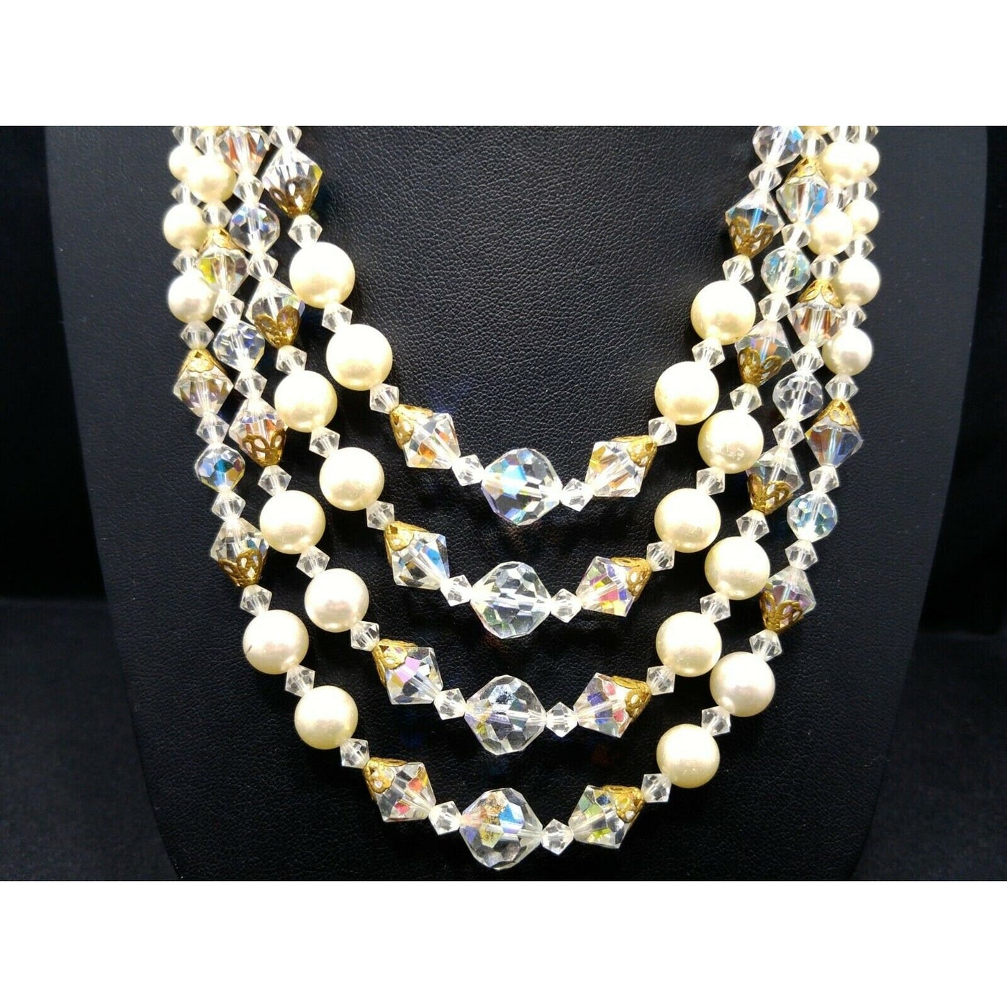 Mid Century AB Crystal Bead Necklace, Faux Pearls, Aurora Borealis, 1960s