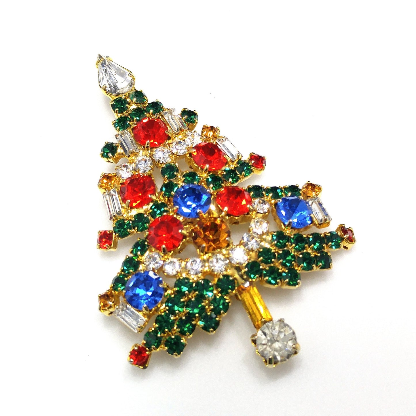 OTC Rhinestone Christmas Tree Brooch, Gold Plated, 1960s Vintage Holiday Jewelry