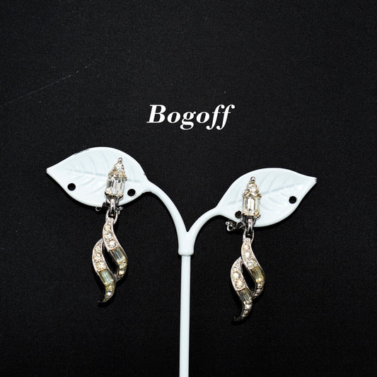 Bogoff Clear Rhinestone Clip Dangle Earrings, Rhodium Plated, Wedding Earrings, 1950s Vintage Jewelry