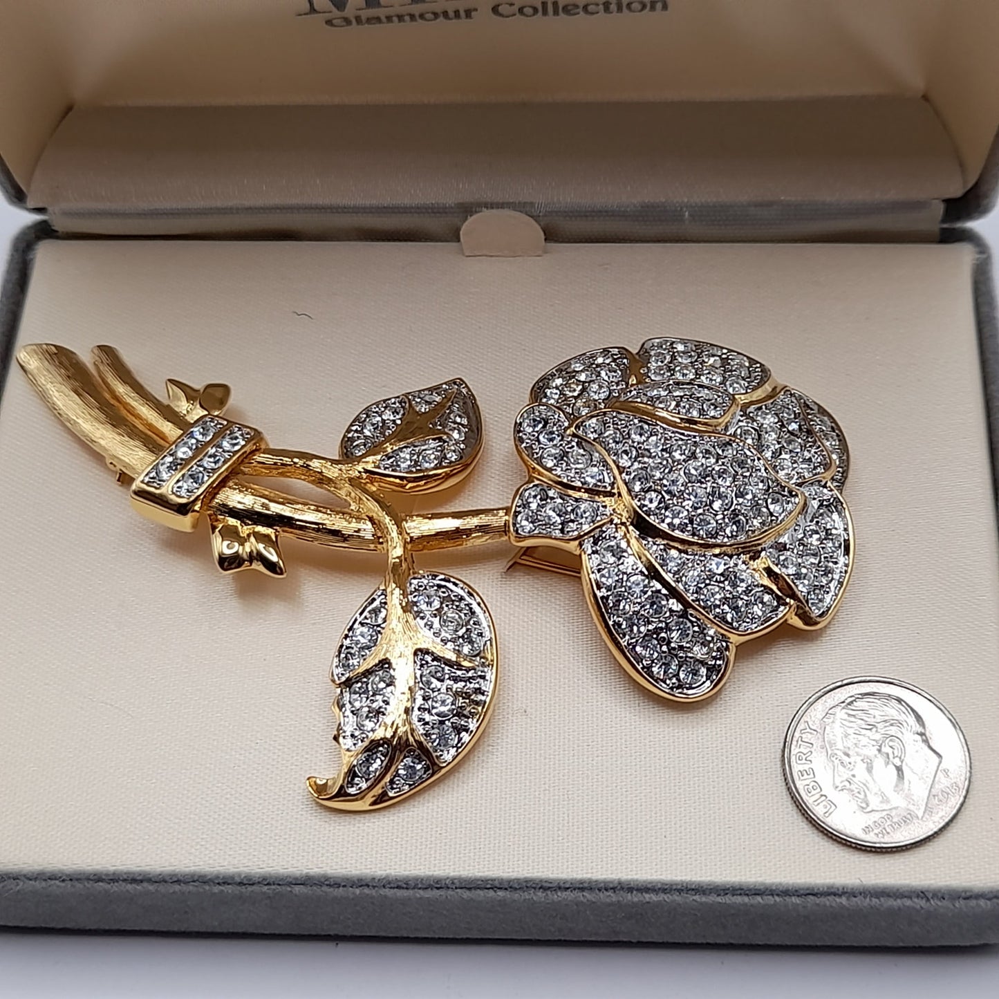 Vintage Nolan Miller Pave Rhinestone Gold Plated Large Brooch, Original Box, Vintage Gift