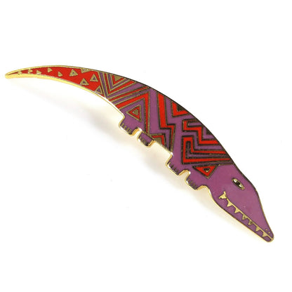 Laurel Burch "Aleucian Alligator" Brooch, Gold Plated Cloisonné Red Purple Enamel, 1980s Vintage Jewelry