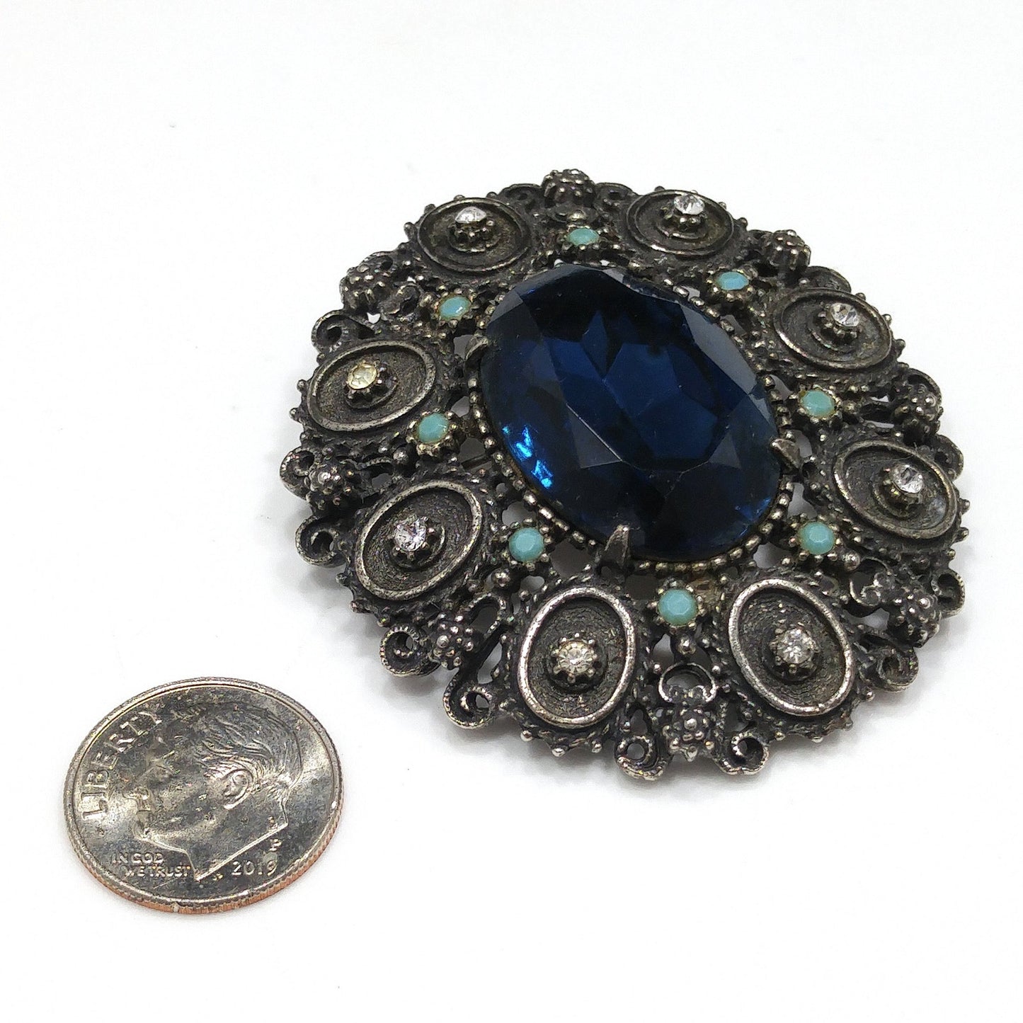 Florenza Blue Faceted Glass Brooch & Pendant, Antique Silver Tone, Gold Plated, 1950s Vintage Jewelry