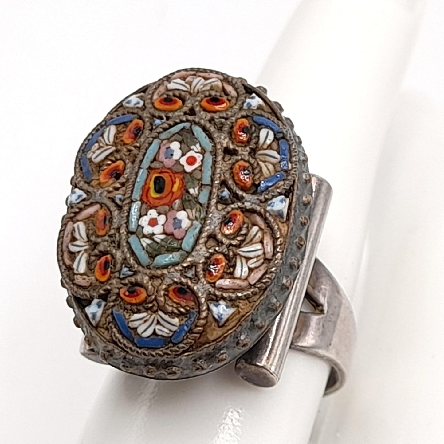 Vintage Micro Mosaic Poison Ring, Stamped Mexico, US Size 7 Adjustable