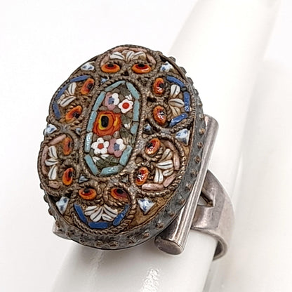 Vintage Micro Mosaic Poison Ring, Stamped Mexico, US Size 7 Adjustable